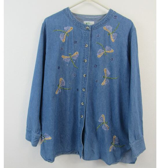 The Quacker Factory 1X Cotton Denim Chambray Button Up Dragonfly Embroidery - Picture 1 of 9
